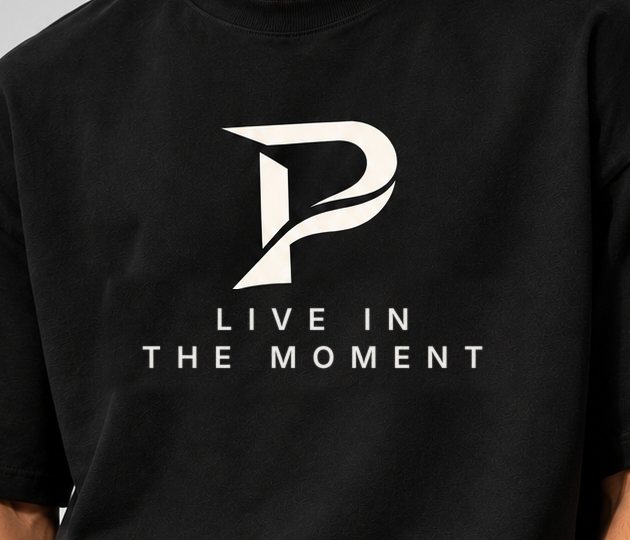 Close-up of the Live in the Moment print: the P mark over the words Live in the moment